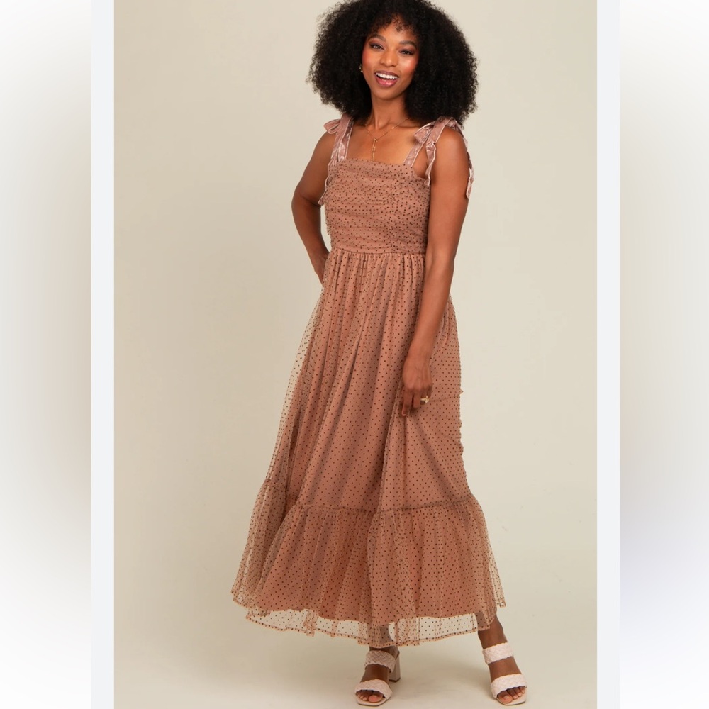 Entro Camel Polka Dotted Mesh Overlay Shoulder Tie Maxi Dress Medium Fairycore - Picture 2 of 16
